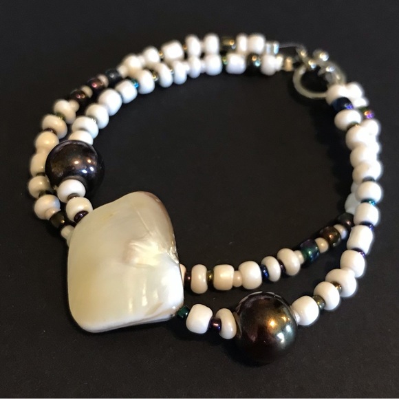 New Handmade Adult / Child Matching Bracelets, Beaded. Cream/Metallic Charcoal - Picture 2 of 10